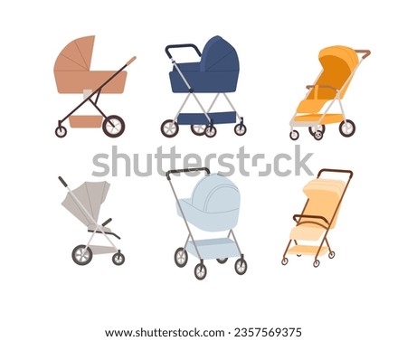 Set of various colorful empty baby carriages flat style, vector illustration isolated on white background. Decorative design elements collection, transportation, pram stroller