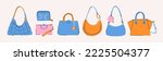 Set of various colorful female bags. Womens handbag, cross body, tote, shopper, hobo, clutch, wallet, purse. Fashionable leather accessories. Hand drawn trendy Vector illustration. Isolated elements