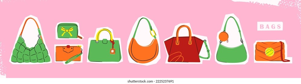 Set von verschiedenen bunten weiblichen Taschen. Handtasche, Kreuz-Körper, Tote, Einkaufen, Hobo, Kupplung, Geldbeutel, Handtasche. Fashion Fake Lederzubehör. Handgezeichnete angesagte Vektorgrafik. Einzelne Aufkleber