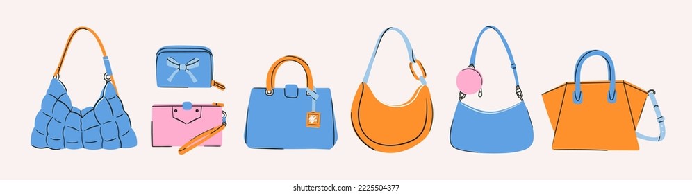 Set of various colorful female bags. Womens handbag, cross body, tote, shopper, hobo, clutch, wallet, purse. Fashionable leather accessories. Hand drawn trendy Vector illustration. Isolated elements