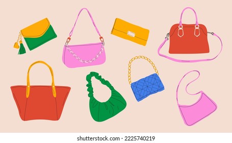 Set of various colorful female bags. Womens handbag, cross body, tote, shopper, hobo, clutch, wallet, purse. Fashionable leather accessories. Hand drawn trendy Vector illustration. Isolated elements