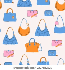 Set of various colorful female bags. Womens handbag, cross body, tote, shopper, hobo, clutch, wallet, purse. Fashionable leather accessories. Hand drawn Vector illustration. Square seamless Pattern