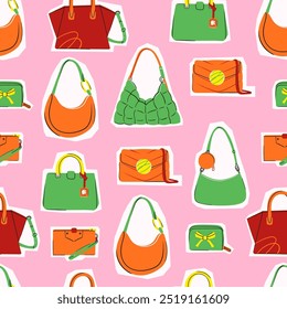 Conjunto de várias bolsas femininas coloridas. Bolsa feminina, corpo cruzado, bolsa, comprador, vagabundo, embreagem, carteira, bolsa. Acessórios na moda. Ilustração Vetor moderna desenhada à mão. Padrão sem emenda quadrado