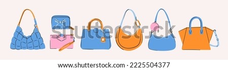 Set of various colorful female bags. Womens handbag, cross body, tote, shopper, hobo, clutch, wallet, purse. Fashionable leather accessories. Hand drawn trendy Vector illustration. Isolated elements