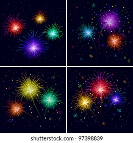 Set of various colorful firework on black sky. Vector