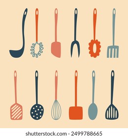 Set of various colorful flat style kitchen utensils