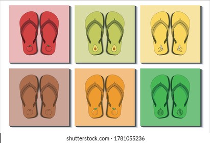 Set of various colorful flip flops sandals. Different fruit icon, pattern. Apple, Avocado, Banana, Coconut, Orange, Watermelon. Flip flops/sandals Collection. Flat design. Vector Illustration.