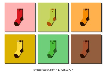 Set of various colorful fruit socks. Different fruit pattern. Apple, Avocado, Banana, Coconut, Orange, Watermelon. Socks Collection. Flat design Vector Illustration. 