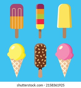 Set of various colorful fruity delicious ice cream including lolly ice, cones with different topping and fruit ice. Vector illustration of food for takeout, bar or restaurant menu. Cartoon style icon.