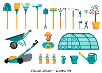 Set of various colorful gardening tools. Flat design illustration of items for gardening and farming . Vector illustration.