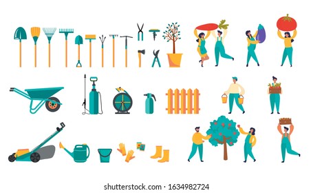 Set of various colorful gardening tools and Farmers characters. Vector illustration of items for gardening and farming. Organic vegetable crops cultivation
