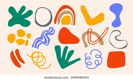 Set aus verschiedenen bunten handgezeichneten abstrakten Formen für kreatives Grafikdesign. Vektorillustration.
