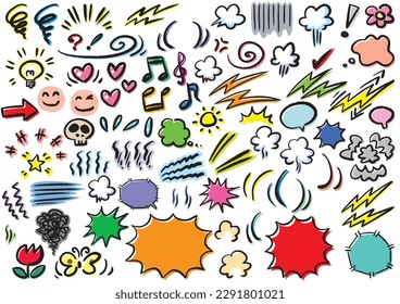 Set of various colorful hand-drawn comic parts