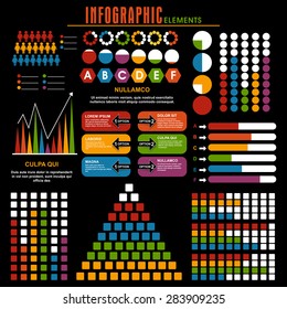 Set of various colorful infographic elements on black background for business or corporate sector.
