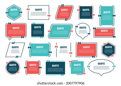 Set of various colorful isolated quote frames. Speech bubbles with quotation marks. Blank text box and quotes. Blog post template. Vector illustration.