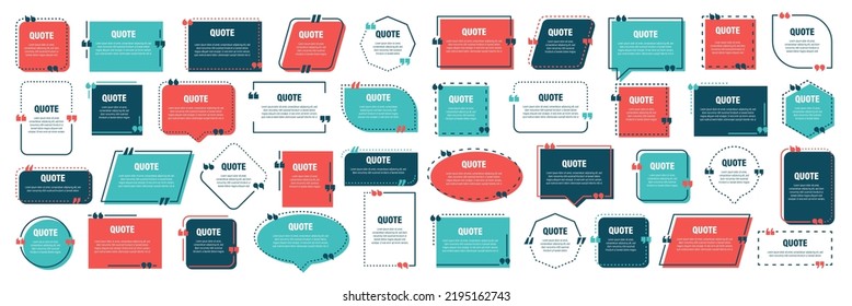 Set of various colorful isolated quote frames. Speech bubbles with quotation marks. Blank text box and quotes. Blog post template. Vector illustration.