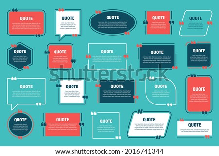 Set of various colorful isolated quote frames. Speech bubbles with quotation marks. Blank text box and quotes. Blog post template. Vector illustration. Imagine de stoc © 