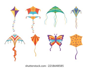 Set of various colorful kites, flat vector illustration isolated on white background. Collection of paper or plastic kites for flying. Concepts of summer activities, children games and entertainment.