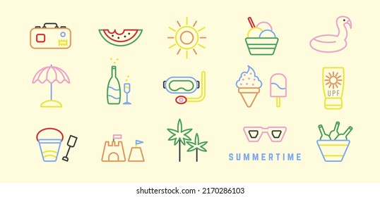 Set of various colorful line icons. Simple, outline Vector illustration. Summer holidays, vacation, tourism, beach, sea, travel concept. Geometric, minimalist design. Every icon is isolated