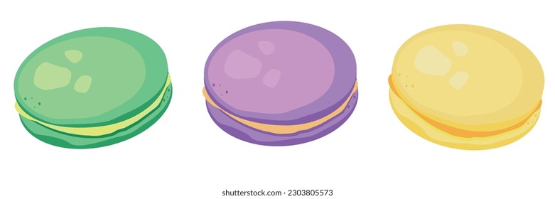 Conjunto de varios macarons coloridos. Galleta de Macaroon aislada de fondo blanco. Dulce y deliciosa plantilla vectorial para la cocina y el menú del restaurante.