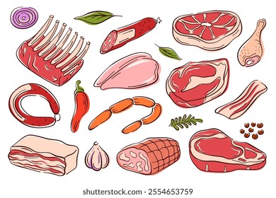 Set of various colorful meat in line art style. Sausages and cuts, ribs, steak, bacon, chicken and ham, fresh herbs, garlic and chili pepper. Perfect for culinary or butcher theme.