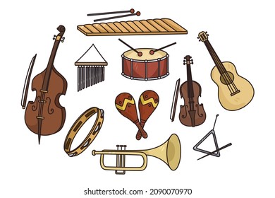 Set of various colorful musical instrument on white background. Collection of music tools used for orchestra or acoustic concert. Musician equipment. Hobby and entertainment. Vector illustration. 