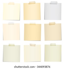 Set of various colorful note papers with adhesive tape on white background