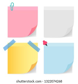 Set of various colorful papers on sticky tape, ready for your message. Vector illustration.