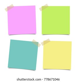 Set of various colorful papers on sticky tape, ready for your message. Vector illustration