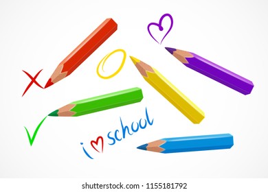 Set of various colorful pencils with different drawn elements. Vector illustration for your graphic design.