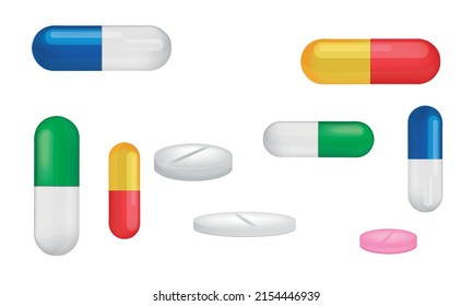 Reihe von verschiedenen bunten Tabletten und Tablet.Vektorgrafik.