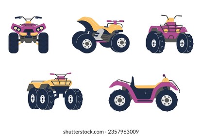 Set of various colorful pink-yellow quad bikes flat style, vector illustration isolated on white background. Decorative design elements collection, transport for off-road terrain, ATV