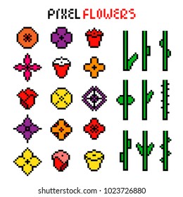 Set of various colorful pixel flowers with black outlines. Vector illustration for your graphic design.