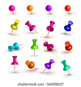 Set of various colorful push pins. Thumb tacks. Top view. Set. Front view. Top view. Close up. - stock vector. Isolated on white background.