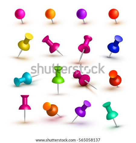 Set of various colorful push pins. Thumb tacks. Top view. Set. Front view. Top view. Close up. - stock vector. Isolated on white background.