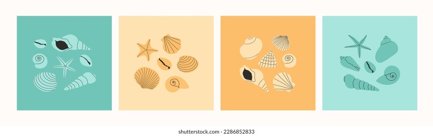 Set of various colorful seashells and starfishes. Hand drawn modern creative concept. Summer vacation collection, tropical beach shells. Vector template for banner, greeting card, poster.