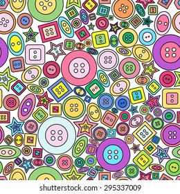 Set of various colorful sewing buttons on white background. Vector seamless pattern