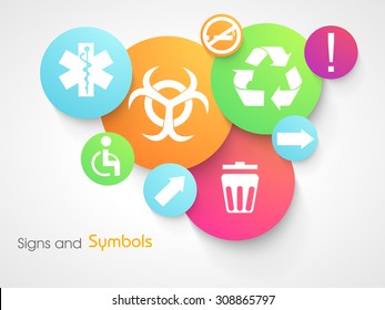 Set of various colorful signs and symbols on gray background.