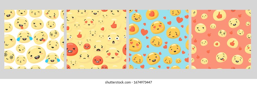 Set of various colorful smiley seamless pattern. Collection of cartoon face with different expression isolated. Bundle of colored funny character facial emotion vector flat illustration