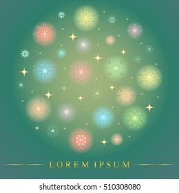 Set of Various Colorful Snowflakes Arranged in Circle. Golden Shimmering Stars and Snowflakes on Green Background.  Perfect for Christmas and New Year Design. Vector Illustration.