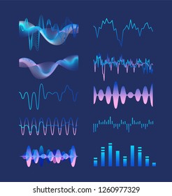 Set of various colorful sound music waves, audio or acoustic electronic signals isolated on dark background. Bundle of oscillation, vibration and fluctuation visualizations. Vector illustration.