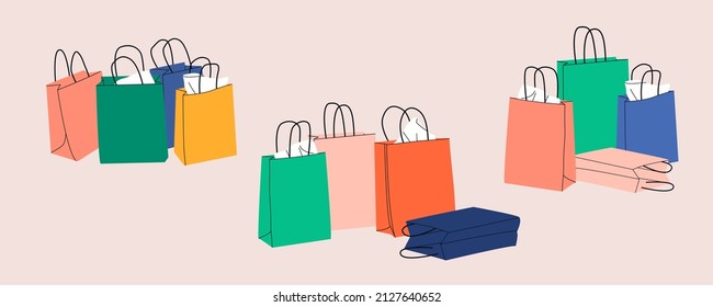 Set of Various Colorful stack paper Shopping or gift bags with various craft paper. Cartoon sacks for purchases, presents. Hand drawn colored flat vector illustration. Shopping, sale concept