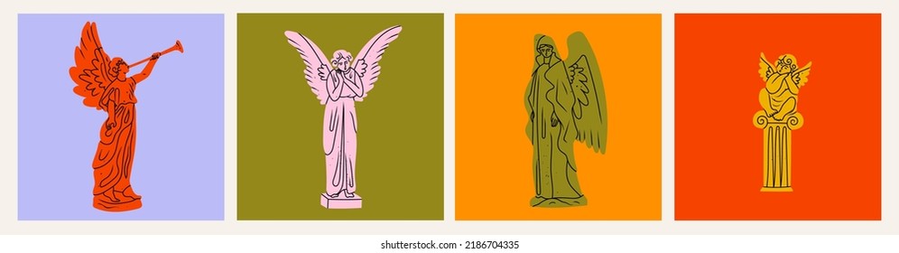 Set of various colorful Statues. Sculptures with wings. Antique statue with horn. Statues of angels, cupid, cherub. Hand drawn modern Vector illustration. Cartoon style. All elements are isolated
