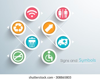 Set of various colorful stylish signs and symbols on blue background.