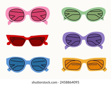 Set of various colorful sunglasses. Summer sunglasses, fashionable eyeglass frames. Various shapes and styles. Hand-drawn illustration in trendy colors. Isolated on white background