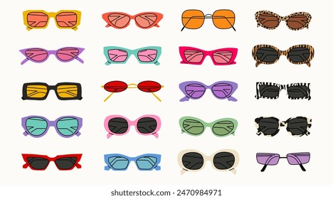 Set of various colorful sunglasses. Summer sunglasses, fashionable eyeglass frames. Various shapes and styles. Hand-drawn illustration in trendy colors. Isolated on white background