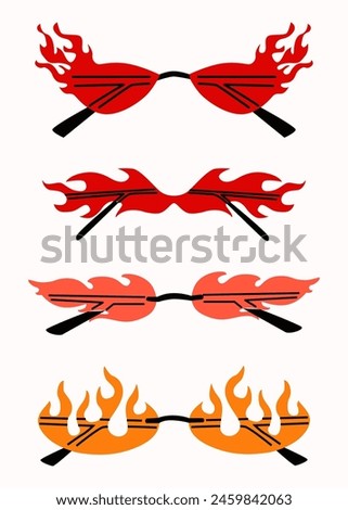 Set of various colorful sunglasses. Summer sunglasses, fashionable eyeglass frames. Various shapes and styles. Eyeglasses in the shape of flames and fire. Isolated on white background.