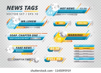 Set of various colorful tags for news channel broadcasting and streaming composed on checkered background 