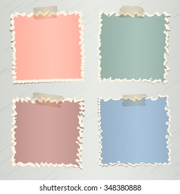Set of various colorful torn note papers with adhesive tape on gray background