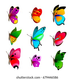 Set of various colorful vector butterflies isolated on white background.